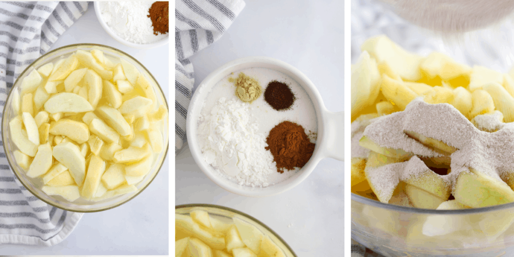 Three photos showing various bowls of ingredients to make apple pie.