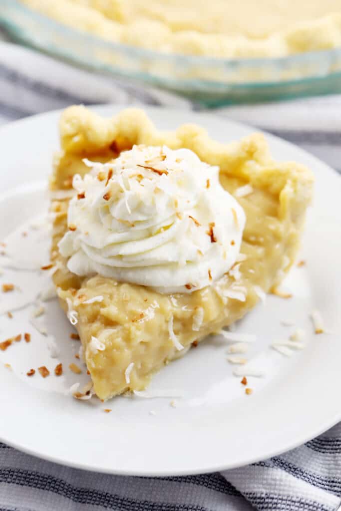A slice of coconut pie topped with whipped cream on a pie plate.
