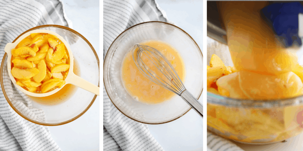 Three photos showing the steps for making the fresh peach filling; filling for peach hand pies; how to make peach pie. peach pie with fresh peaches>
