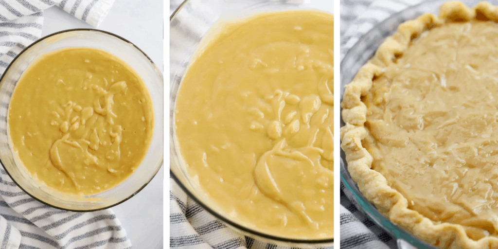Three photos showing a bowl with pie filling from two different views, then the pie filling added into a pie crust. coconut pie filling. 