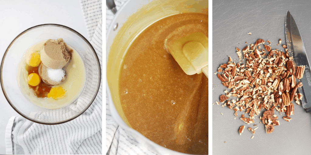 Three photos showing a bowl with the pie filling ingredients, the caramel being cooked in a pot and pecans being chopped on a cutting board.