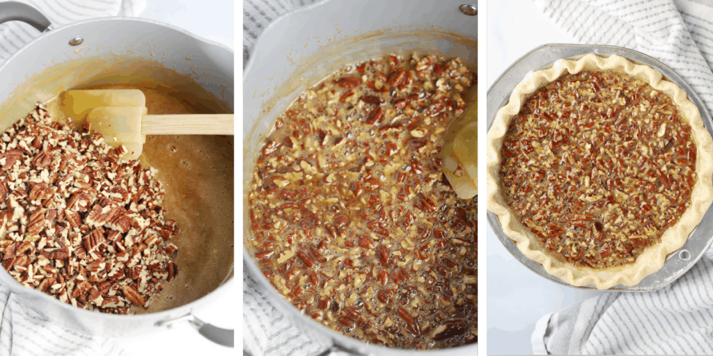 Three photos showing steps for making the pie filling and adding it to the pie shell. how to make pecan pie recipe.  how to make salted caramel pecan pie. 