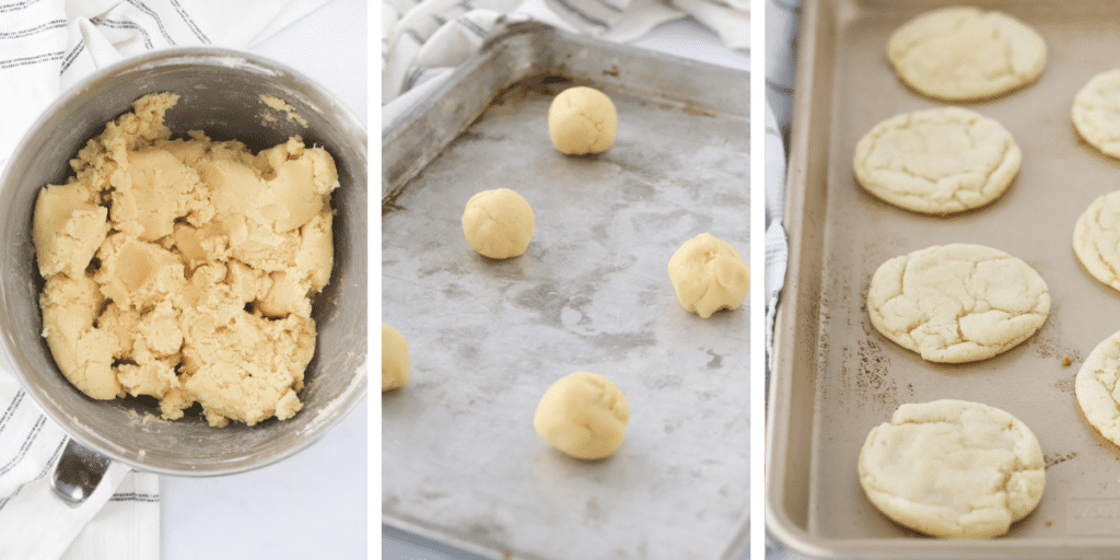 Three photos showing a mixing bowl with cookie dough, a baking sheet with balls of cookie dough and a baking sheet with baked cookies. How to make a sugar cookie recipe chewy.