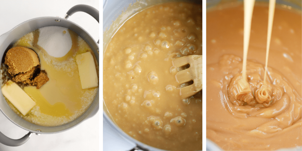 Three photos showing ingredients for caramel sauce in a pot, the ingredients cooking and the finished sauce.