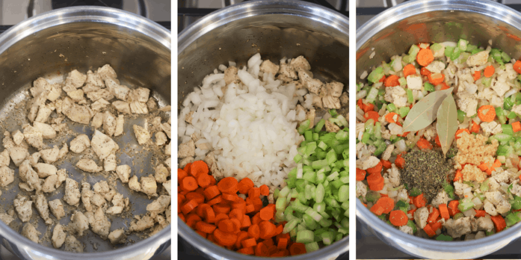 Three photos showing chicken and veggies sautéing in a sauce pot to make soup.