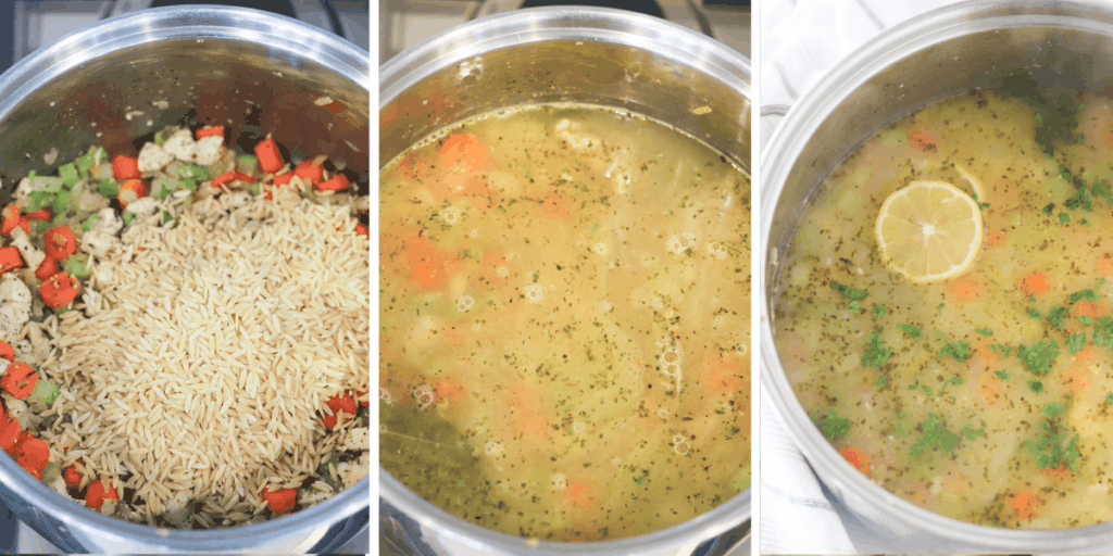 Three photos showing ingredients being added to make this lemon chicken soup.