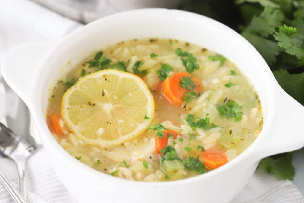 A bowl of chicken soup with orzo and carrots and garnished with a slice of lemon and fresh parsley.