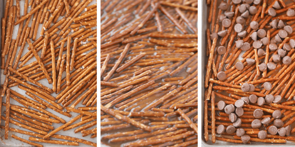 Three photos showing how to make both toffee and milk chocolate chips being added to pretzels on a sheet tray.
