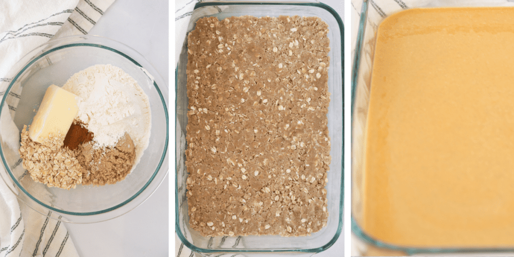 Three photos showing a glass mixing bowl with oat crust ingredients, a baking dish with the oat crust pressed into the bottom and a baking dish with the pumpkin filling over the crust ready to bake.