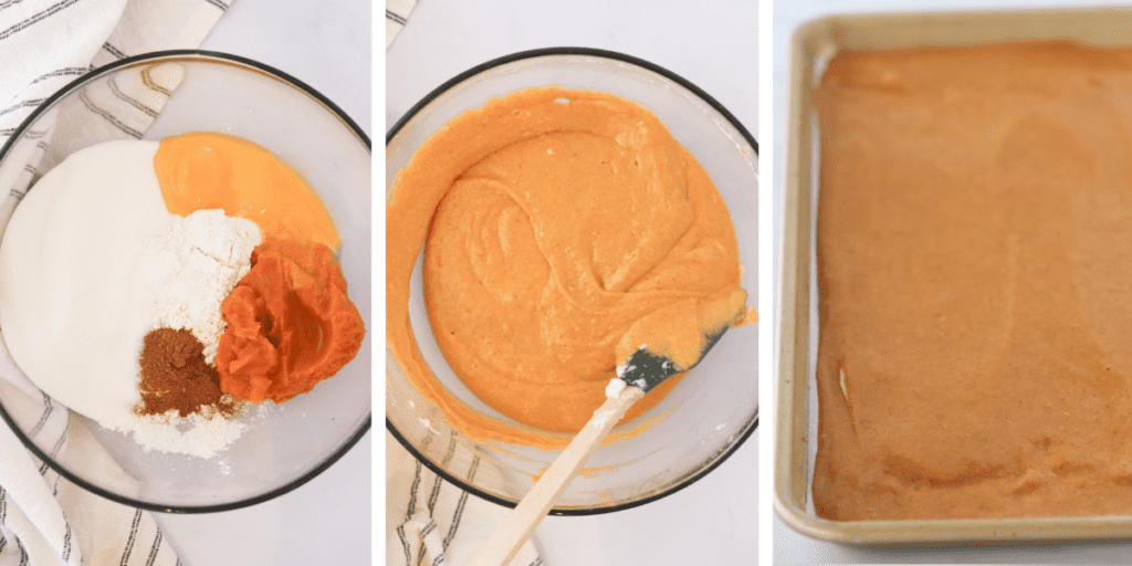 Three photos showing a bowl with pumpkin cake ingredients, a bowl with them mixed and a jellyroll pan with pumpkin cake batter in it.