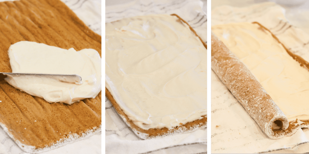 Three photos showing cream cheese filling being spread and rolled up into a Pumpkin Roll. Recipe for pumpkin roll. Easy pumpkin roll.