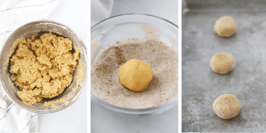 Three photos showing a bowl of cookie dough, a cookie dough ball in pumpkin spice sugar and cookie dough balls on a baking sheet.