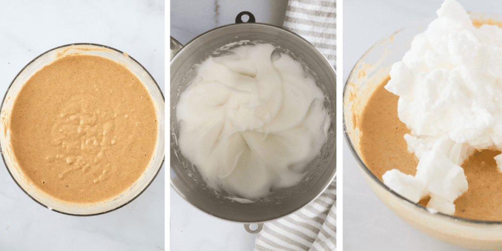 Three photos showing a bowl of batter, a bowl of whipped egg whites and a bowl with the batter and egg whites combined. Healthy pumpkin waffles. 