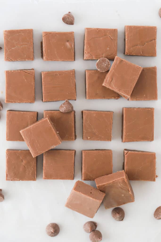 Chocolate fudge cut into squares and laying on a counter.