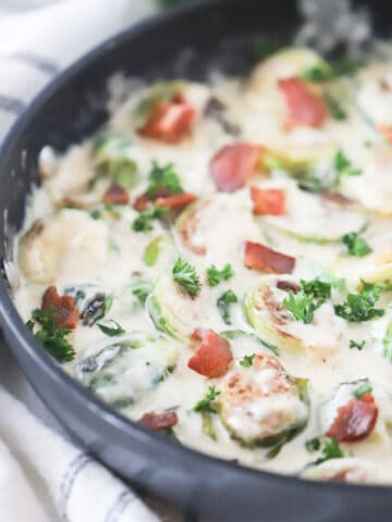 creamy alfredo brussels sprouts with bacon