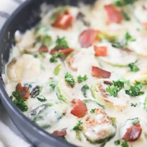 creamy alfredo brussels sprouts with bacon