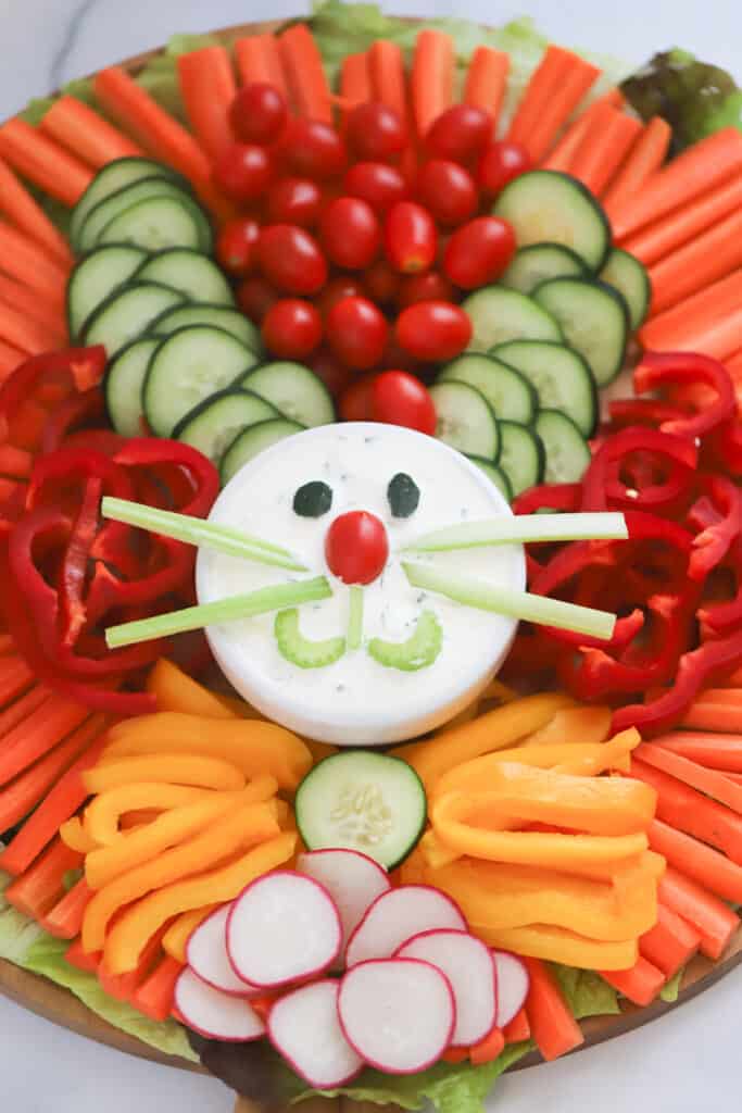 Holiday veggie tray made to look like an easter bunny veggie tray. Veggie platter ideas.