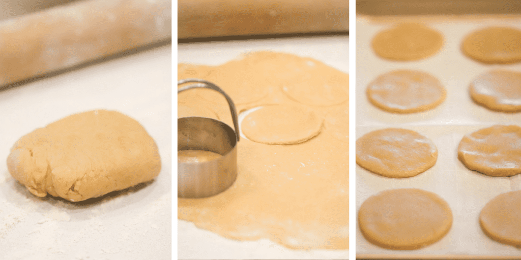 Photos showing a disc of cookie dough, dough being rolling out and round cookies cut out and laying on a sheet tray.