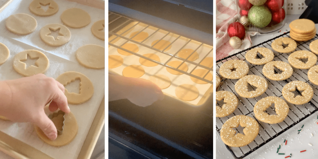 Photos showing a hand cutting out cookies with cookie cutters, a hand putting a sheet tray with cut out cookies into the oven and finally a wire rack full of baked cut out cookies.