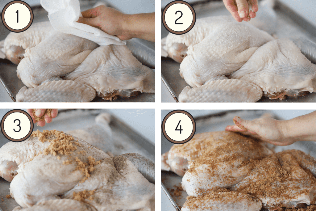 Four photos showing how to dry off, season and rub the turkey with spice rub.