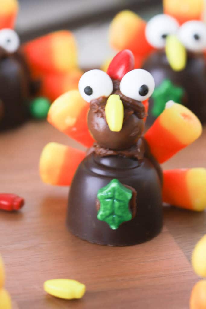 A closeup of a turkey made out of candies.