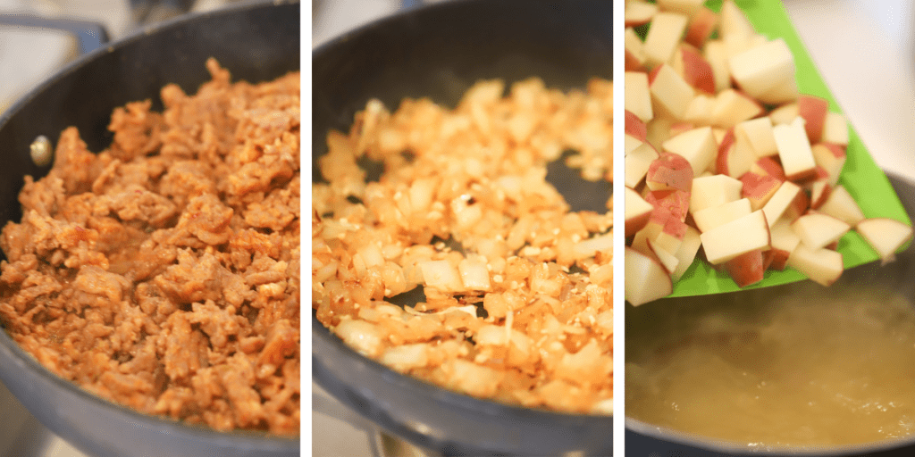Three photos showing sausage being cooked, onions being cooked and potatoes being added to soup in a pot. how to make chicken tuscan soup recipe
