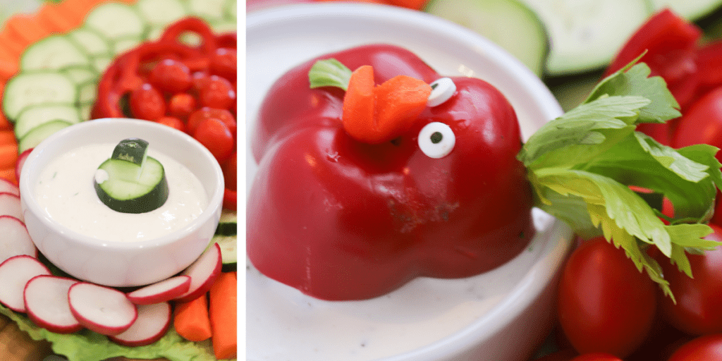 A photo of a thanksgiving veggie platter, a ramekin of dip on a veggie tray, next to a close up photo of a bell pepper cut to look like a turkey face. Thanksgiving veggie platter ideas. 