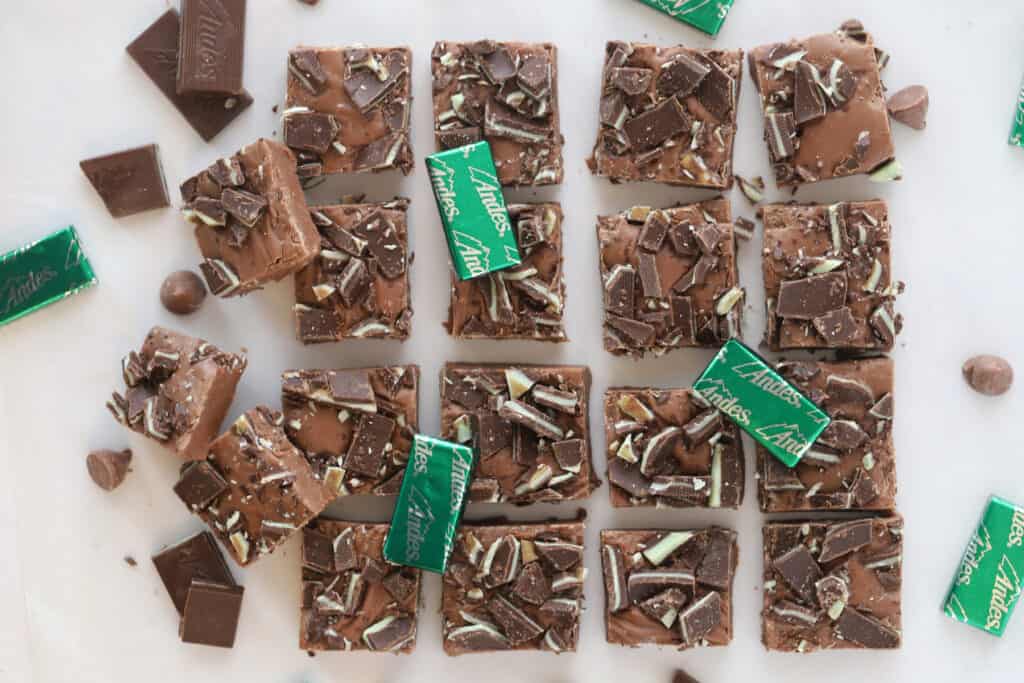 andes mint fudge cut into squares on a white surface