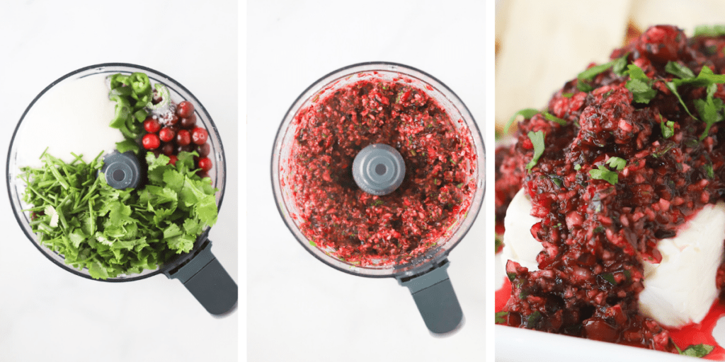 Photos of raw ingredients in a food processor, the salsa blended and the finished product over cream cheese on a serving platter.