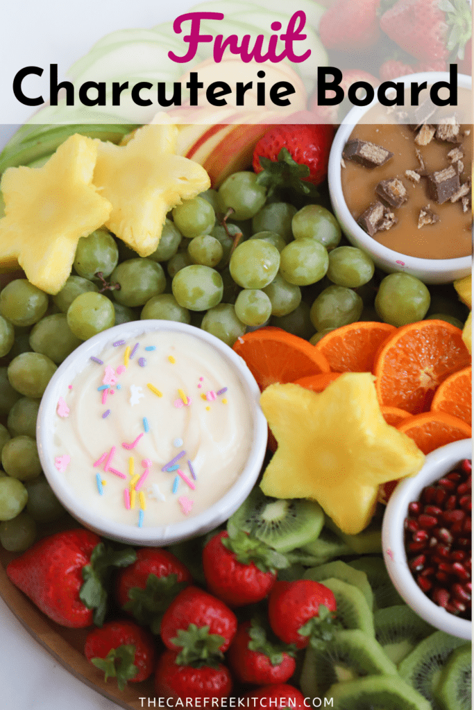 Fruit Board with a cream cheese dip and a caramel dip. Charcuterie Board fruit with dips,