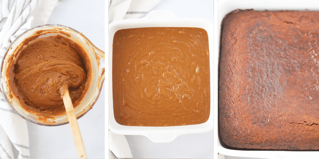 Photos showing cake batter in a bowl, a cake pan filled with batter and a baking dish with baked cake.