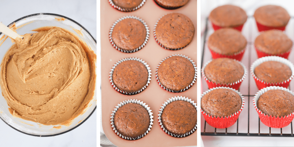 Photos showing a glass mixing bowl full of muffin batter, baked muffins in a muffin tin and bake muffins in muffin liners cooling on a wire rack.