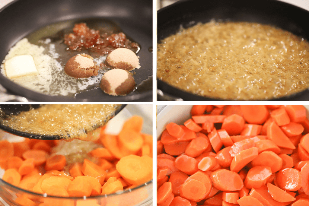 Photos showing steps for making Glazed Carrots including a pan making the glaze, the glaze cooking, the glaze being poured over carrots and a bowl of the finished carrots.