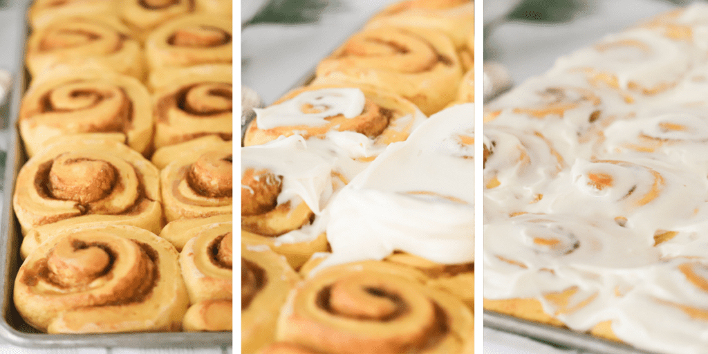 Photos showing just baked cinnamon rolls on a sheet tray, icing being spread over the top and finally the finished cinnamon rolls.