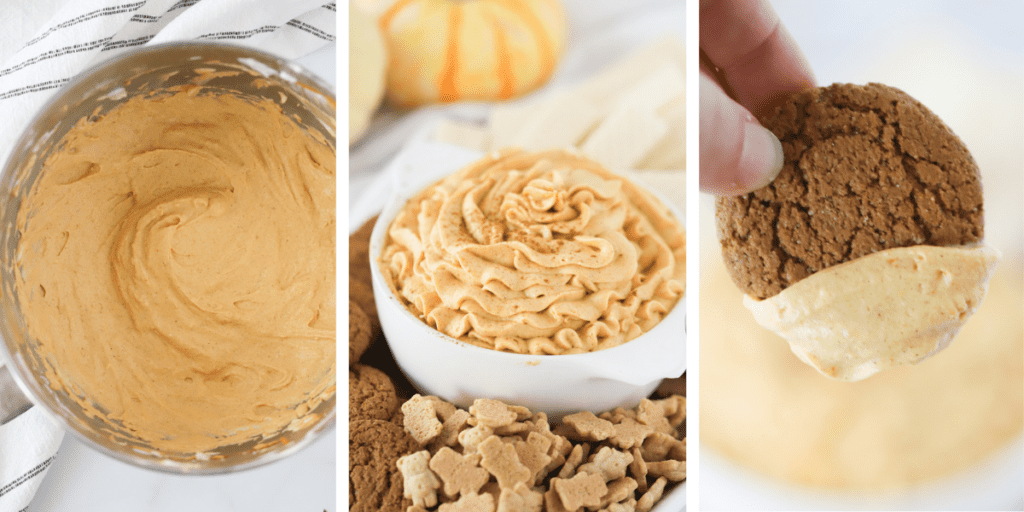 Photos showing pumpkin dip in a mixing bowl, a serving dish with pumpkin dip and cookies and a hand holding a cookie that has been dipped into the pumpkin fluff.