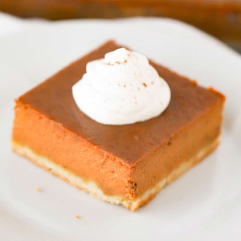 pumpkin pie squares on a plate with whipped cream topping.