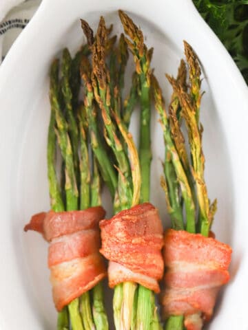 bacon wrapped roasted asparagus in the oven, holiday side dish recipe.