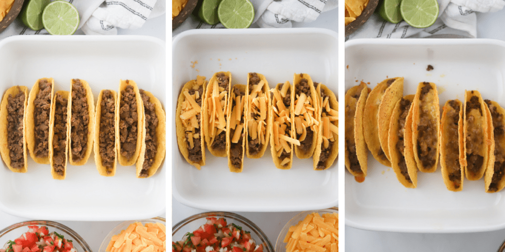 Photos showing how to make tacos with ground beef by filling them, topping with cheese and baking in the oven.