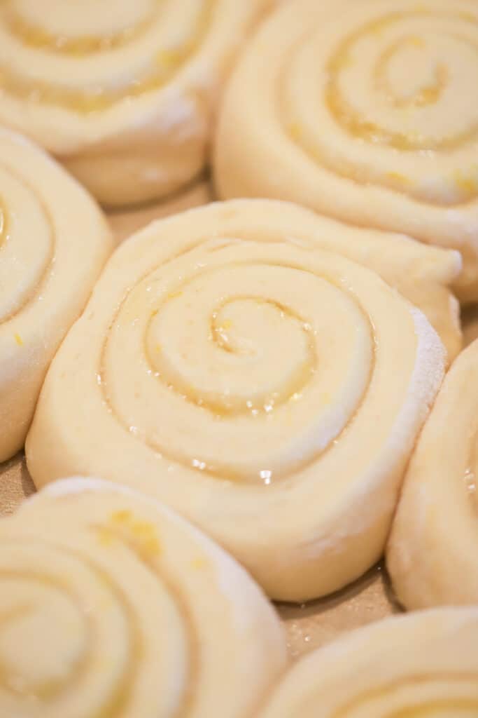 A close up picture of sweet rolls that have risen and are ready to bake.