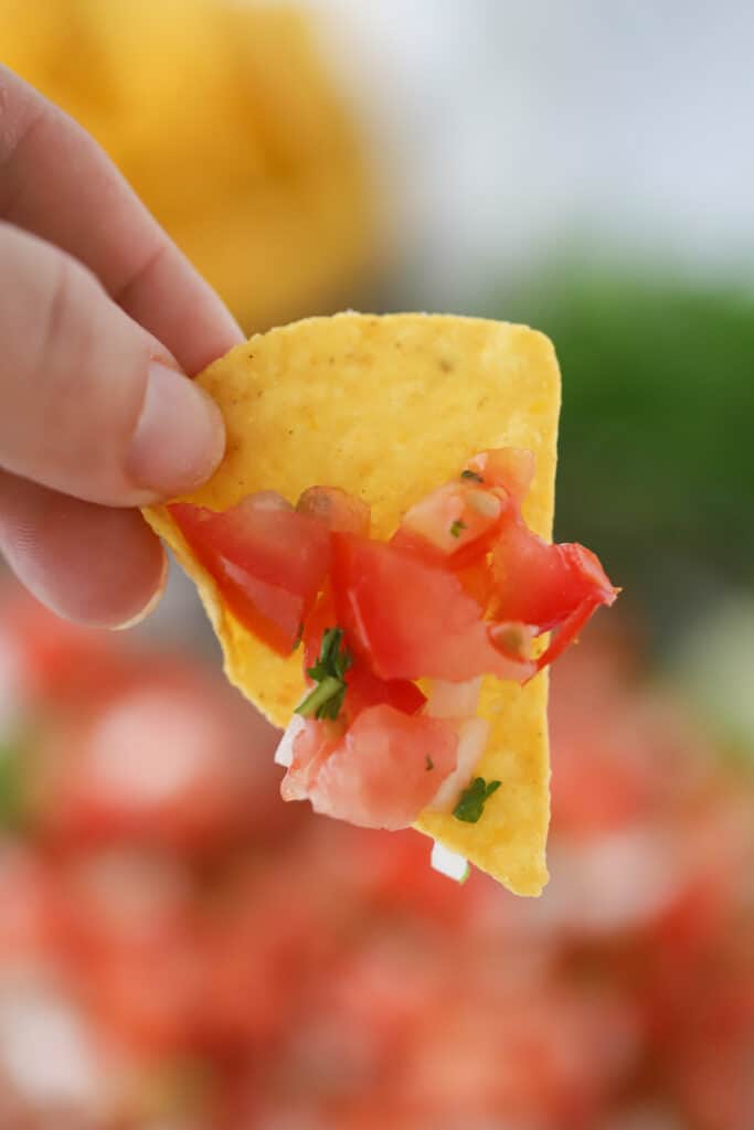 A hand holding a chip dipped in fresh salsa.