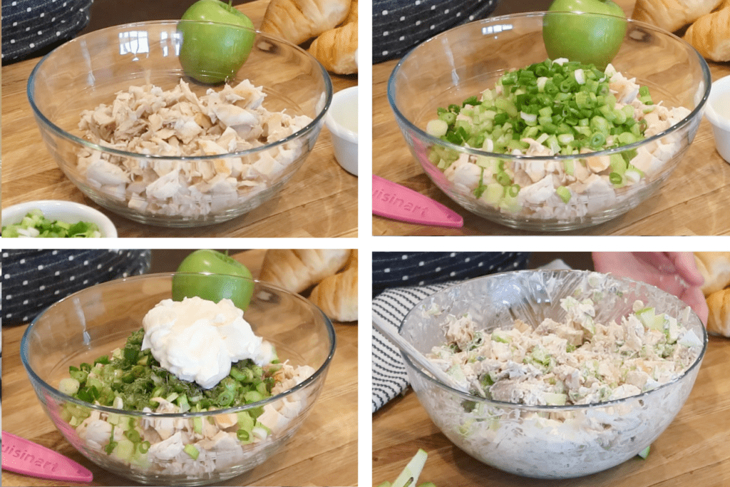 Photos of chicken salad being made in a large glass mixing bowl.