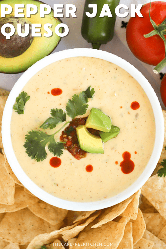 pepper Jack Queso Dip served in a bowl with tortilla chips