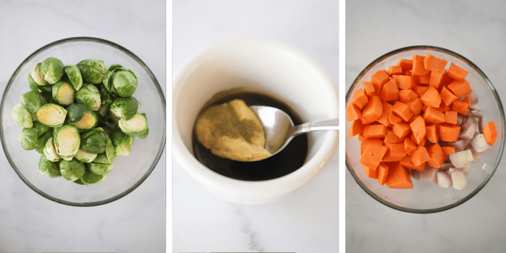 Three photos showing brussels sprouts in a glass mixing bowl, a small ramekin with ingredients for honey mustard glaze and another glass bowl with onions and sweet potatoes.