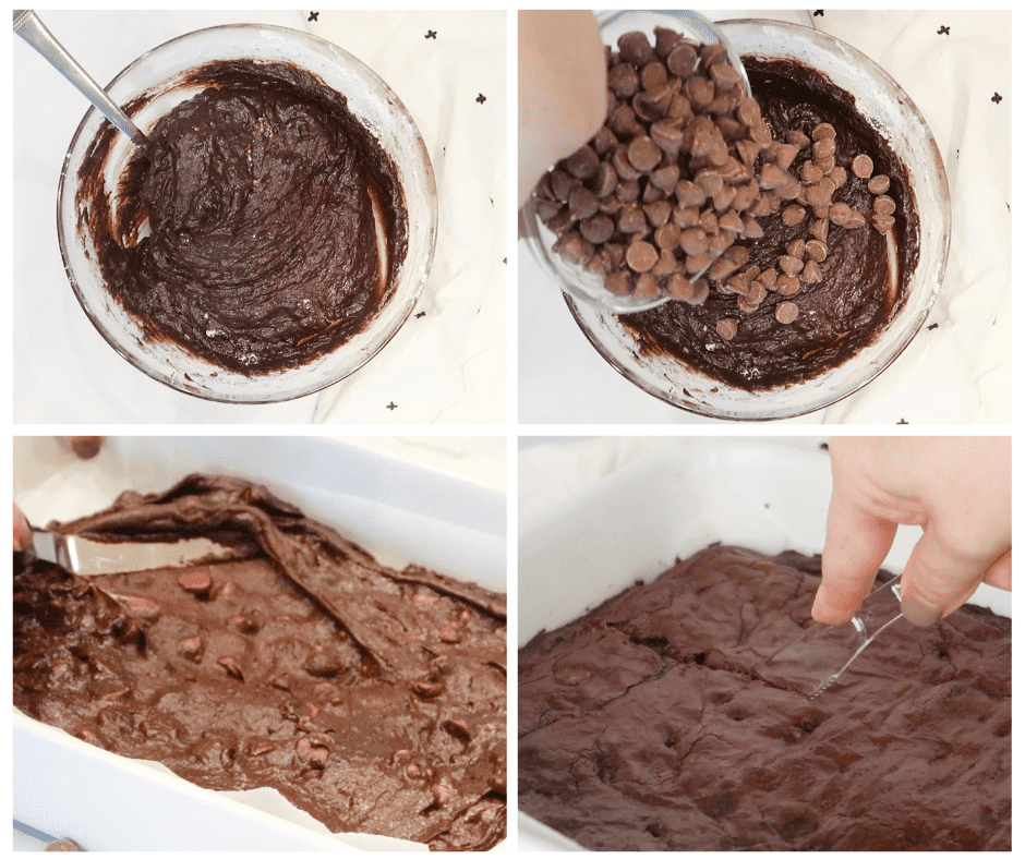 Four photos showing the process for making this Chewy Fudge Brownie Recipe, including mixing the batter, spreading into a baking dish and cutting the bake brownies.