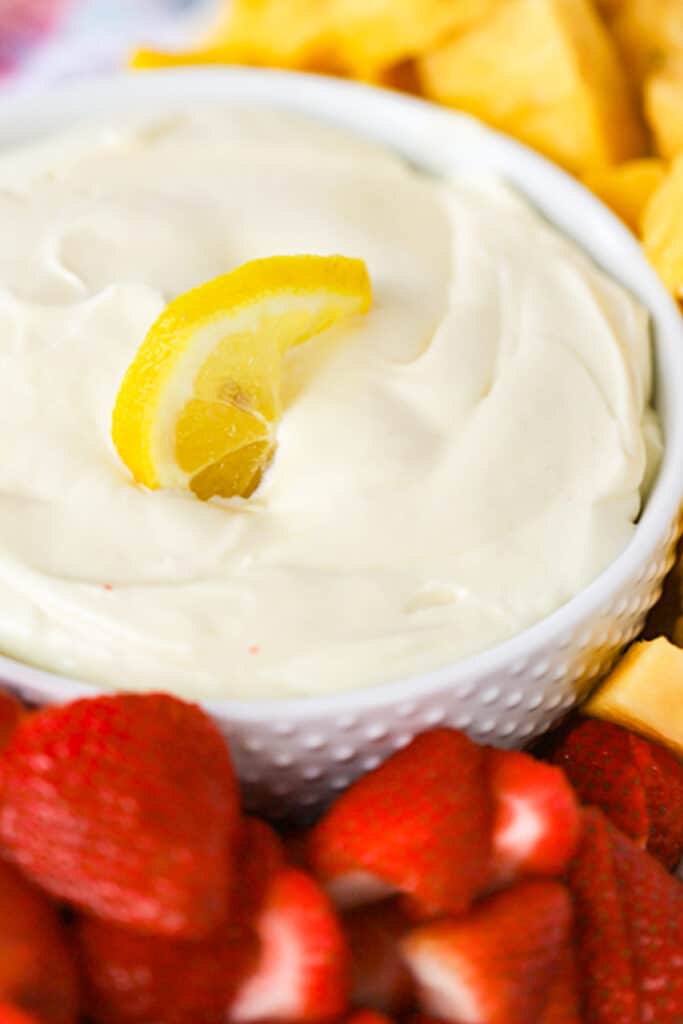 fruit dip with cream cheese and cool whip, served with fresh fruit. 