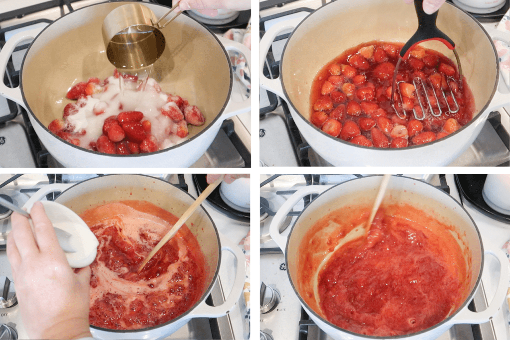 Four photos showing how to make homemade strawberry sauce in a saucepan.