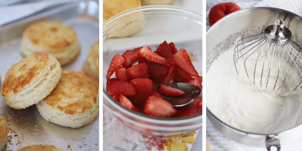 Three photos showing biscuits on a baking sheet, a bowl of macerated strawberries and a bowl of strawberry shortcake whipped cream.