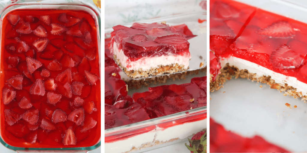 Photos showing a baking dish filled with strawberry gelatin, a spatula removing a slice of pretzel salad and another photo with slices removed from the dessert.