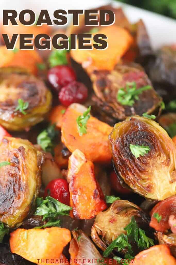 Pinterest pin for Roasted Brussels Sprouts and Sweet Potatoes