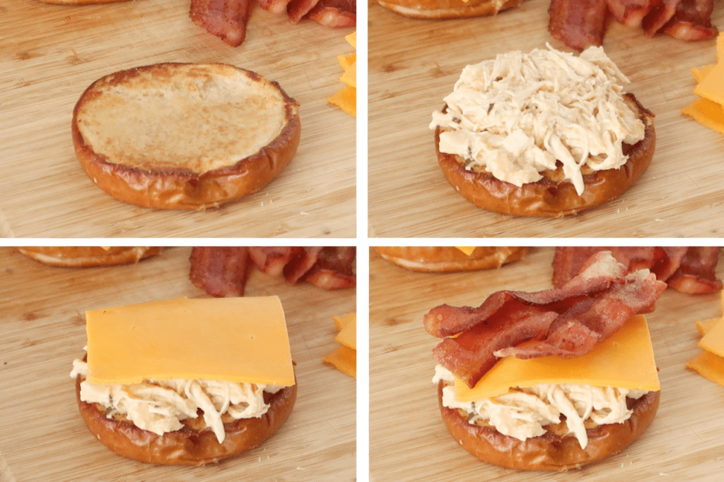 Four photos showing how to make Crockpot Buffalo Chicken Sandwiches.